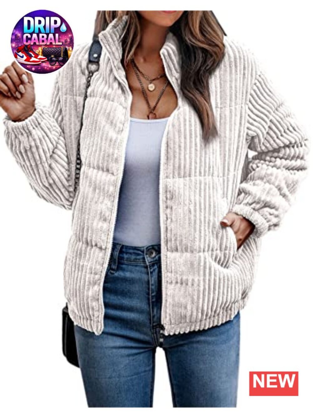 Women's Quilted Bomber Jacket Corduroy Ribbed Zip Up Oversized with Pockets